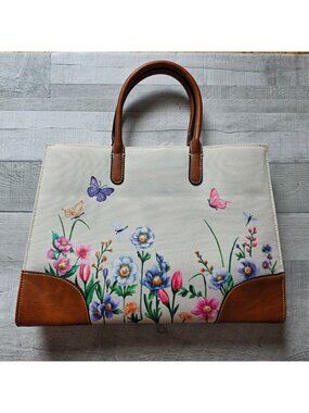 Floral Canvas Tote Bag With Faux Leather Accents & Butterfly Design -